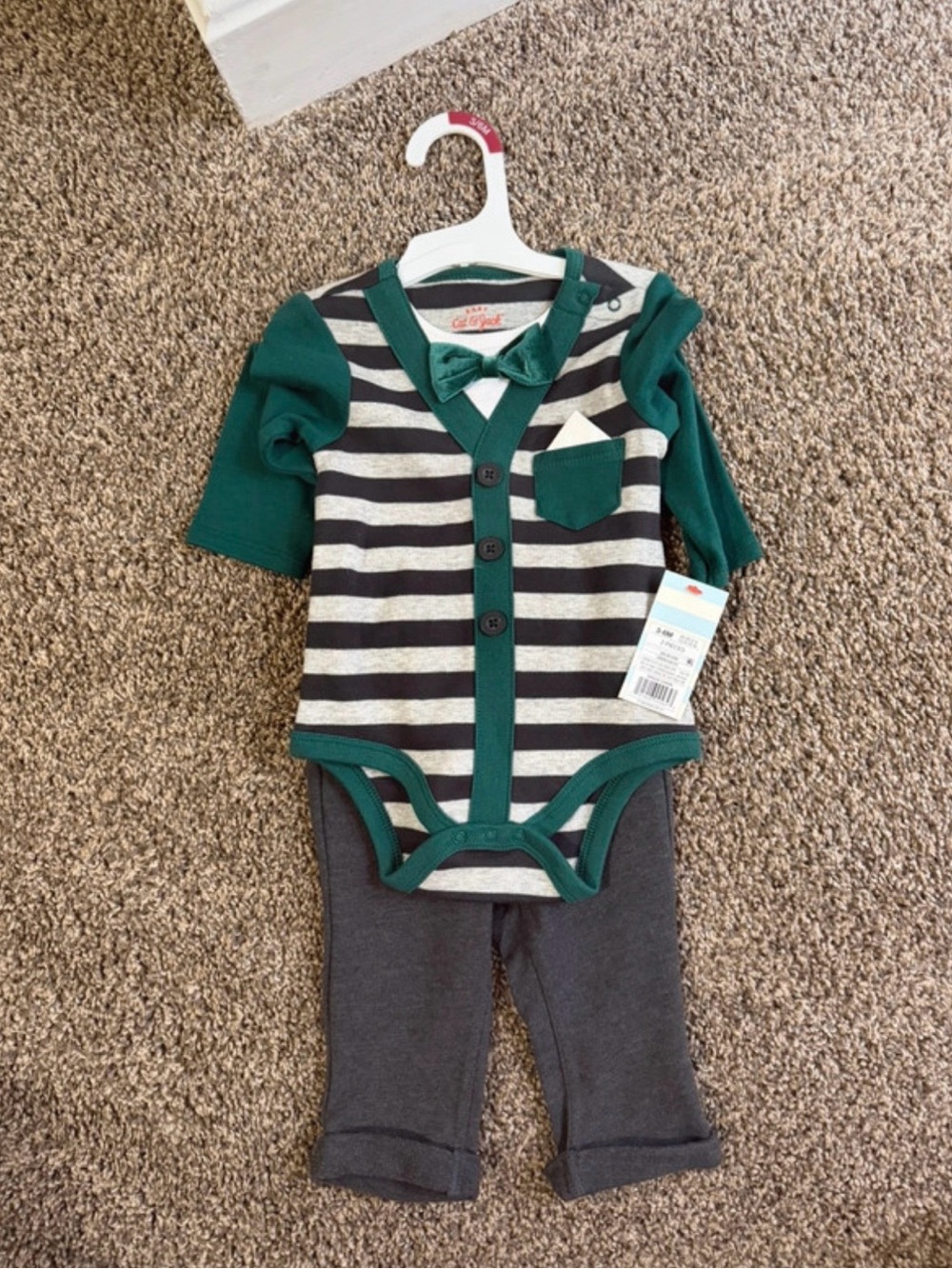 Carter's Green and Gray Striped Bodysuit with Bow Tie
